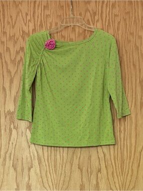Chartreuse Polka Dot Women's Top with Pink Rose Accent